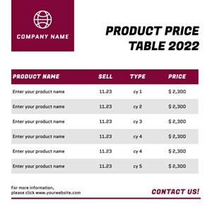 Company Product Price Table Chart Design